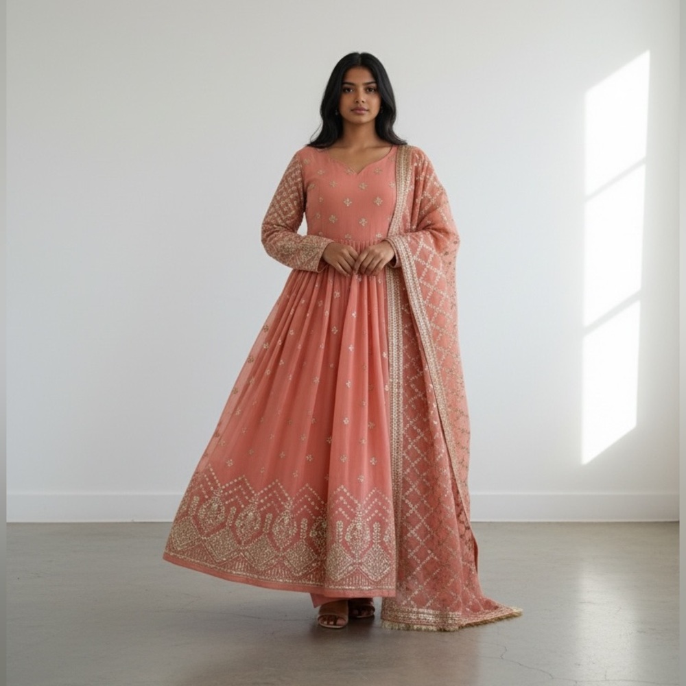 Ethenic Traditional/Wedding/Party Wear Embroidery Worked Gown Women Coral Pink